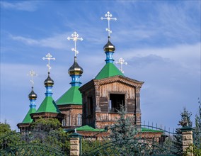 Russian Orthodox Church Cathedral of the Holy Trinity, wooden church with green spires, Karakol,