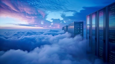 Cloud services concept and server farm supporting SAS cloud applications for enterprise clients, AI