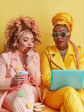 Two stylish women in vibrant colors working on a laptop with confidence, AI generated
