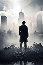 Silhouette of a businessman against a backdrop double exposure that reveals a destroyed cityscape,