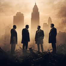Silhouette of a group of businessman against a backdrop double exposure that reveals a destroyed