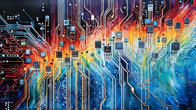 Illustration of abstract data stream cascades over a circuit board transforming into swirling