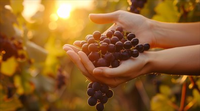 Hands holding grape vine in winery field at sunset, AI generated