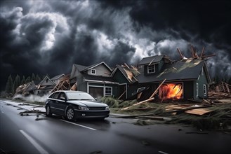 A car is in front of a destroyed by disaster house that is on fire, AI generated