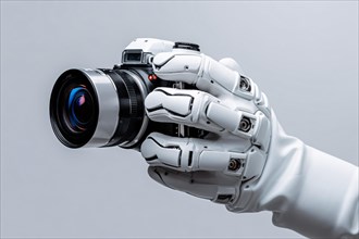 Artificial intelligence robot holding photo camera, AI generated