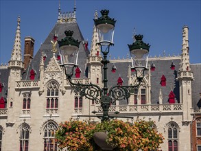 Gothic historic building under blue sky, with decorative lantern and flowers in the foreground,