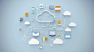Digital illustration depicting a cloud network with various technology icons connected in a