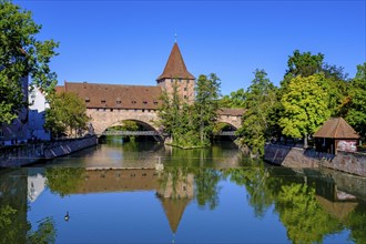 From the Maxbruecke to the Schlayer Tower on the Pegnitz, Nuremberg, Middle Franconia, Franconia,