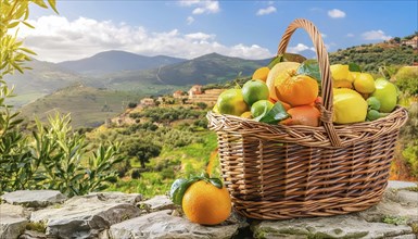 A basket with various citrus fruits, in the landscape AI generated, AI generated
