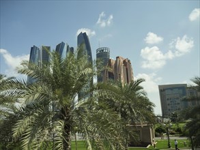 Modern skyscrapers and palm trees in a park under a sunny sky in an urban environment, modern