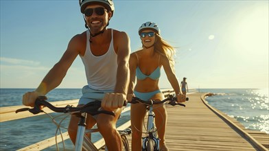 Happy couple riding bikes on the ocean boardwalk. generative AI, AI generated