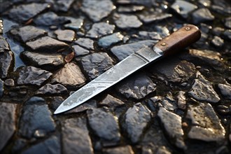 Knife lying on cobblestone. KI generiert, generiert, AI generated