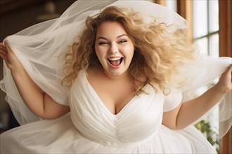 Happy plus size woman in wedding dress. KI generiert, generiert, AI generated