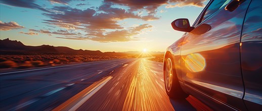 Low angle view of a modern luxury car on a road trip with a sunset in the background, AI generated