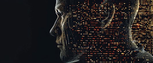 Human beings morphing into code. The concept of cyborg and AI becoming sentient, AI generated