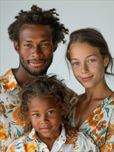 Family portrait showing a couple and their young child, all wearing floral outfits, AI generated