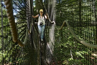Sporty woman, tourist with camera in treetop path, suspension bridges, ropes, nets, beech forest,