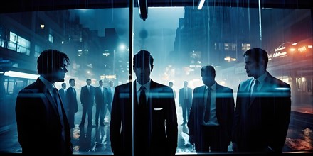 Nighttime panorama of silhouettes of a group of businessmen in a double exposure against city night