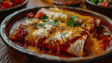A traditional Mexican dish of enchiladas smothered in tomato sauce and cheese, AI generated