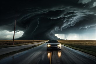 Disaster catastrophe storm concept, tornado in a field in the USA with car on road escaping tornado