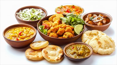 A variety of Indian curries and bread presented on a white surface, AI generated