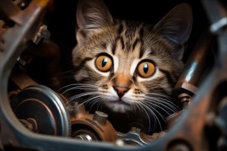 Cat in car engine, AI generated