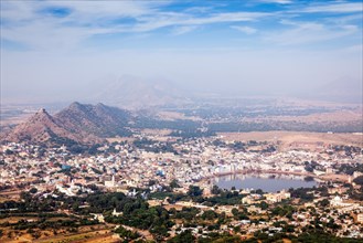 Holy city Pushkar aerial view from Savitri temple. Rajasthan, India, Asia