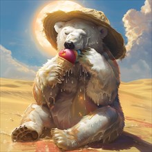A polar bear eats an ice cream while sitting in the sun with a straw hat in the desert. Sun rays