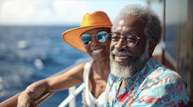 Happy african american senior couple portrait on the deck of their luxury cruise ship. generative