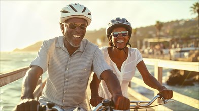 Happy african american couple wearing safety helmets riding bikes on the ocean boardwalk.
