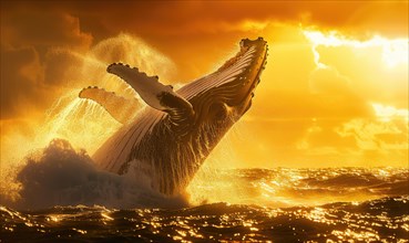 A breaching humpback whale captured in the golden light of sunrise AI generated