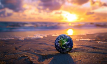A picture of an Earth globe sitting on a sandy beach with a vibrant sunset sky in the background AI