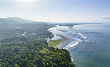 Aerial view, ocean and coast with rainforest, Playa Ventanas, Puntarenas province, Costa Rica,