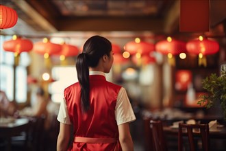 Back view of Asian waitress in Chinese restaurant. KI generiert, generiert, AI generated