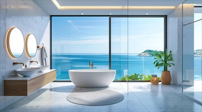 Luxury modern bathroom interior in ocean condo with expensive design and scenic view, AI generated