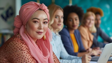 Diverse team of women with one wearing a pink hijab working together in an office, ai generated, AI