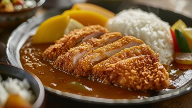 Close-up of tonkatsu with rice, sliced cabbage, and lemon wedge, AI generated