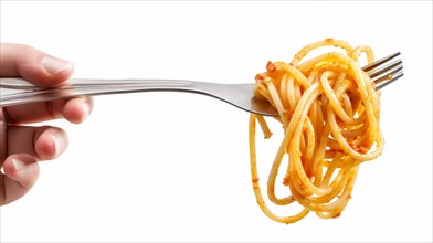 Hand holding a fork twirling spaghetti with tomato sauce on a white background, AI generated