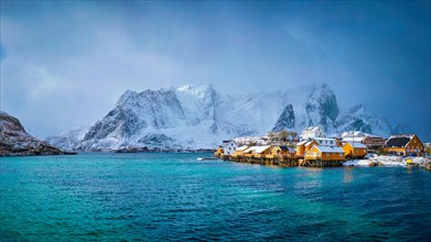 Panorama of yellow rorbu houses of Sakrisoy fishing village with snow in winter. Lofoten islands,