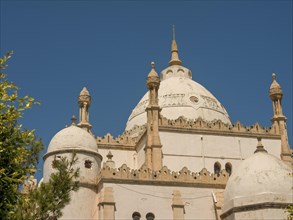 Magnificent mosque with several domes and minarets under a clear blue sky, Mosque, Dome, Tower,