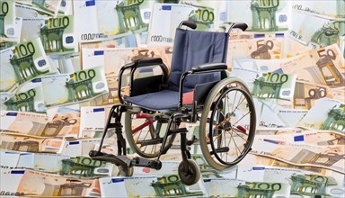 Symbolic long-term care insurance, care costs, disability, a wheelchair stands on a surface of euro