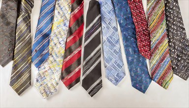 Different patterned and coloured ties arranged in a straight row next to each other, AI generated,
