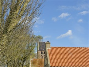 Tiled roofs and a high church, partly hidden by blossoming trees under a clear blue sky, historic