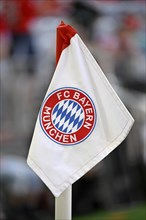 Corner flag, FC Bayern Munich FCB logo, Allianz Arena, Munich, Bavaria, Germany, Europe