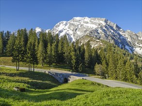 Hoher Goell with Rossfeld panoramic road, Goell massif, mountains with snow, blue sky, Rossfeld,