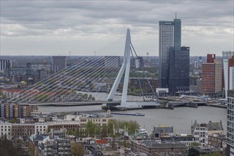Urban view with river and modern bridge surrounded by skyscrapers under an overcast sky, modern