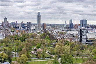 Cityscape with skyscrapers, park and a bridge on a cloudy day, view from above of a modern city