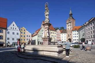 Main square with Marienbrunnen fountain and Schmalzturm tower, Landsberg am Lech, Upper Bavaria,