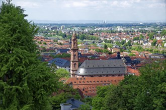 View of Heidelberg with the Jesuit Church from the garden of Heidelberg Castle, Heidelberg,