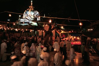 Dargah sharif illuminated at night, Moinuddin Chishti mausoleum at the time of the annual festival
